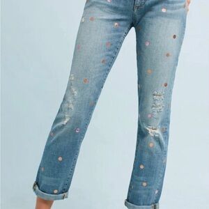 Pilcro Light Blue Boyfriend Jeans with Pink and Copper Polka Dots